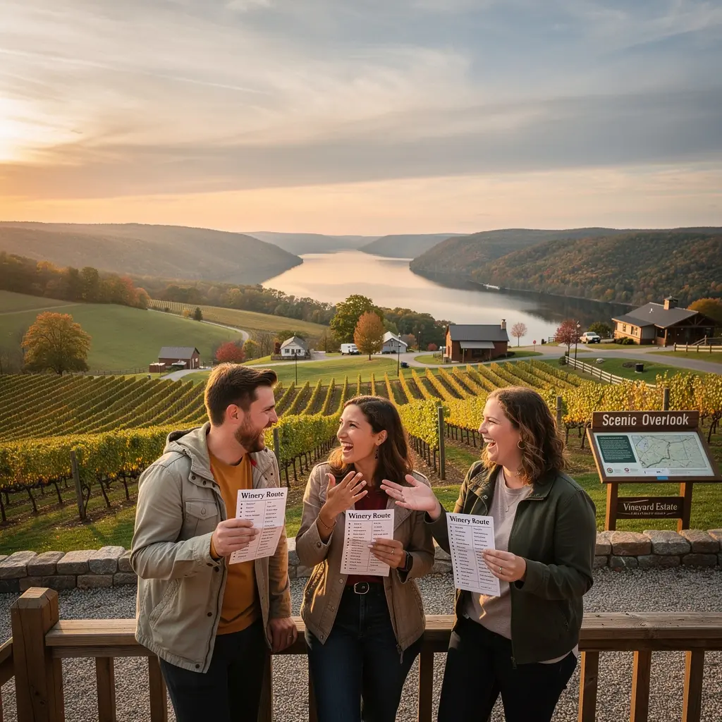 Krajobraz z malowniczym jeziorem otoczonym lasami podczas zachodu słońca.