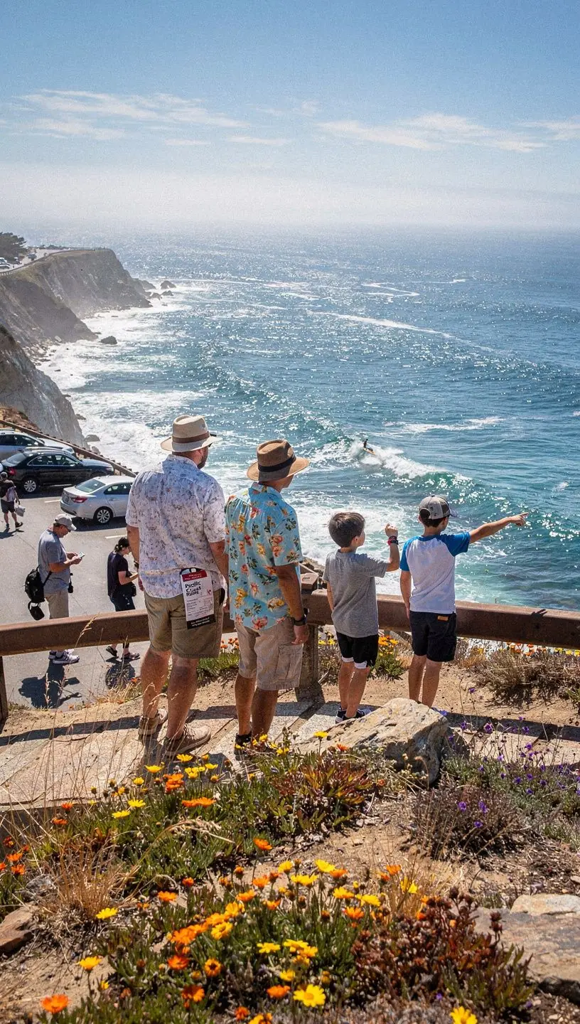Piękny zachód słońca widoczny z drogi, z tablicą informacyjną o atrakcjach w okolicy.
